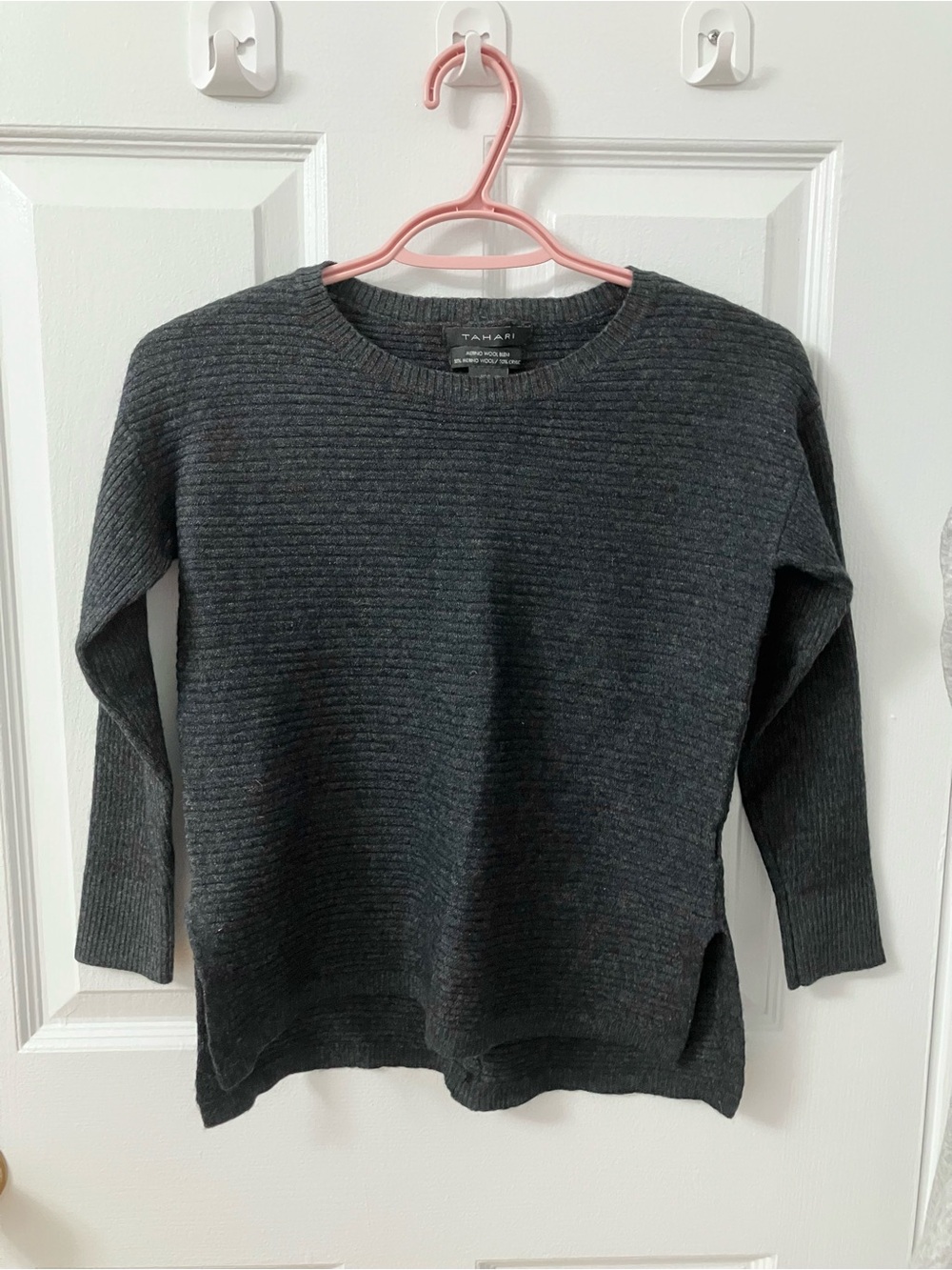 Tahari Charcoal Ribbed Crewneck Sweater - Women's merino wool blend